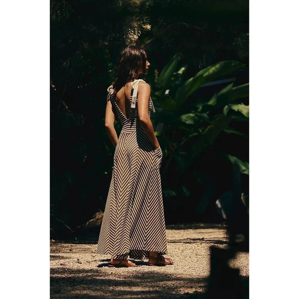 Free People Free-Est Cecelia Midi Dress Striped Printed Smocked Cotton L 288421
